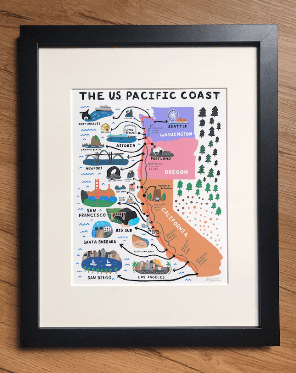 US Pacific Coast Map Art Print